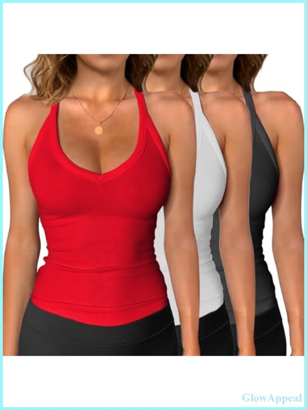 3 Pack Workout Tops for Women Racerback Ribbed Tank Tops V Neck Slim Fit
